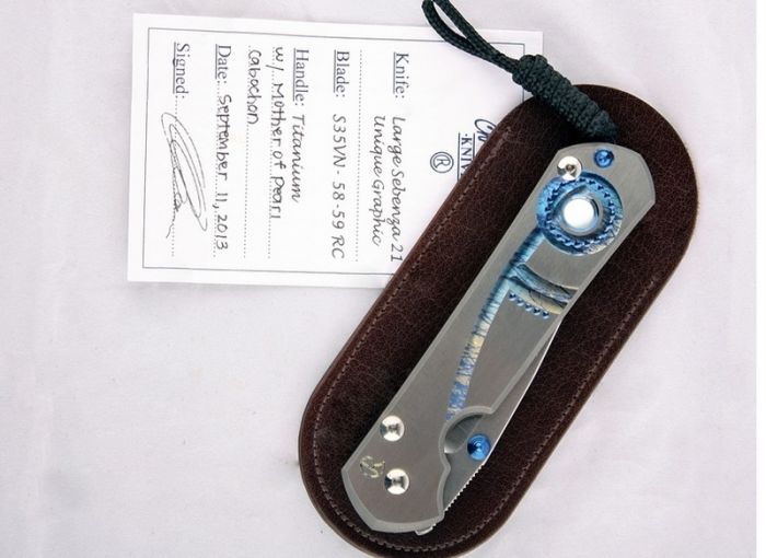 Нож складной Chris Reeve Large Sebenza 21 Unique Graphics Mother of Pearl Cabochon, сталь CPM-S35VN, рукоять титан